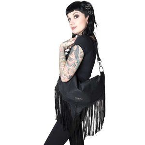 Black Microsuede Large Bat Wing Fringe Purse 21" Wide NWT
